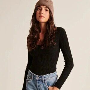 Abercrombie & Fitch Long Sleeve Knit Ribbed Bodysuit in Black